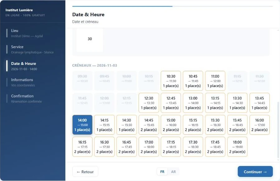 Widget de réservation Esthedesk intégré à un site : choix de la date et du créneau